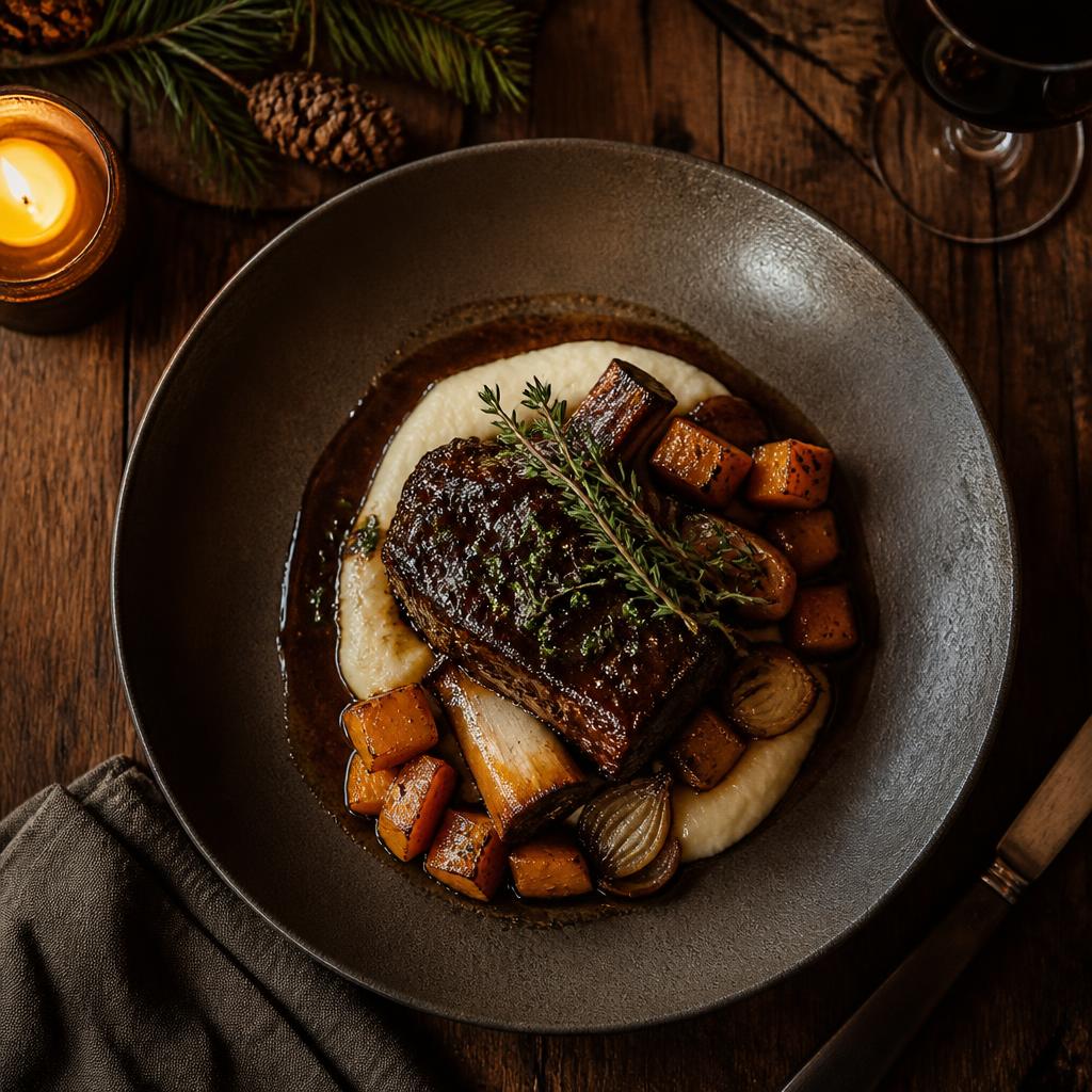 Braised Vermont short rib with root vegetables and parsnip purée